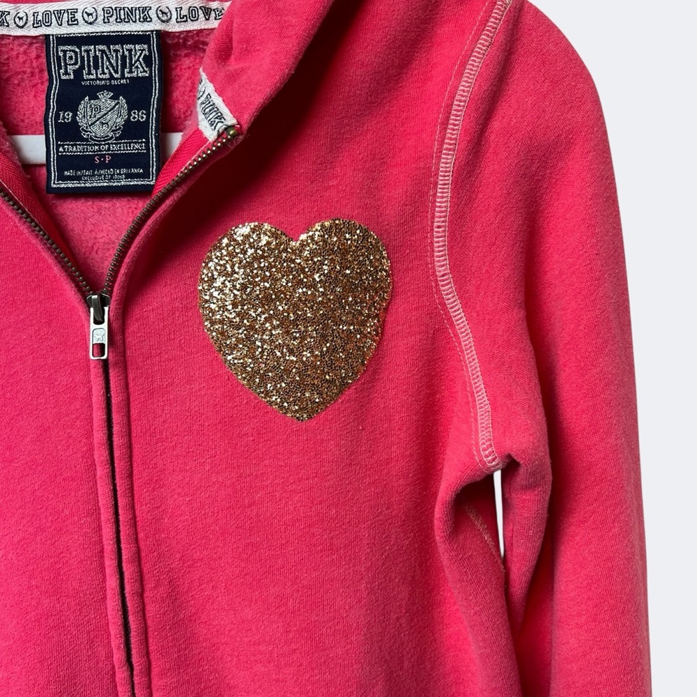 PINK Victoria's Secret Sequin “Love Pink” Zip Hoodie Pink Glitter Heart Size S - Picture 5 of 11